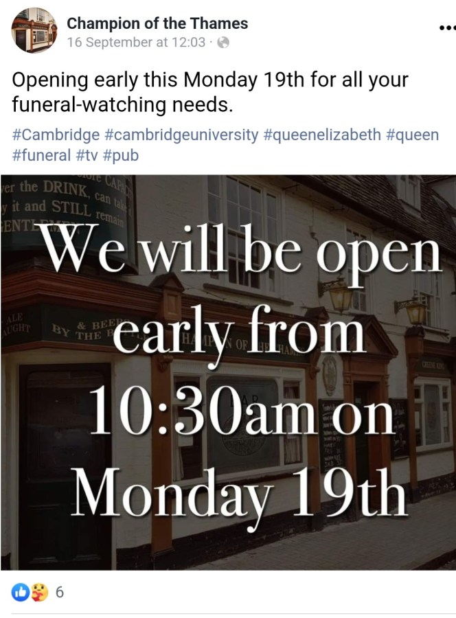 “OPENING EARLY ON 19 SEPTEMBER FOR ALL YOUR FUNERAL WATCHING&nbsp;NEEDS”